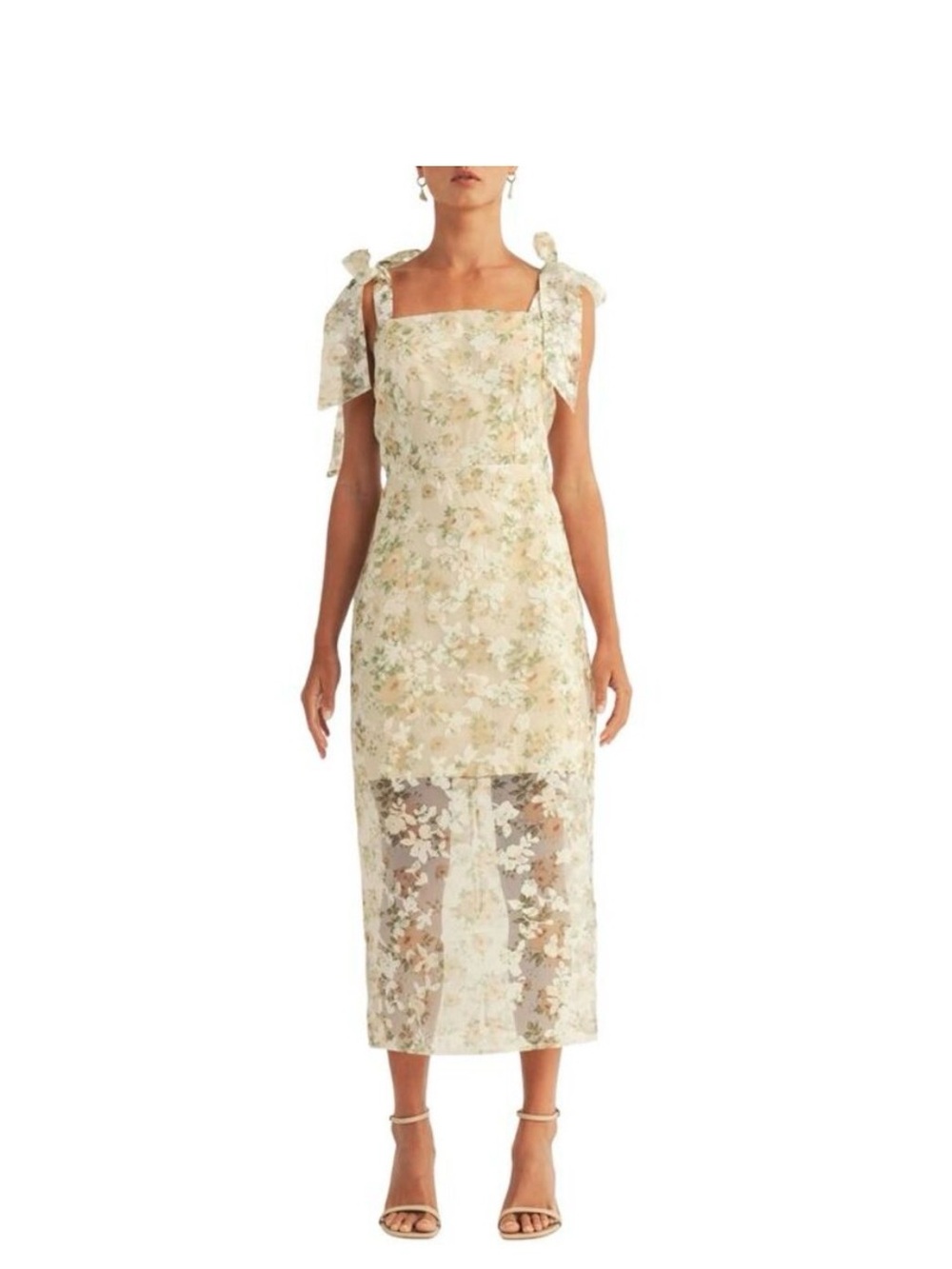 Tie-Shoulder Floral oeganza Midi Dress in Cream and Green